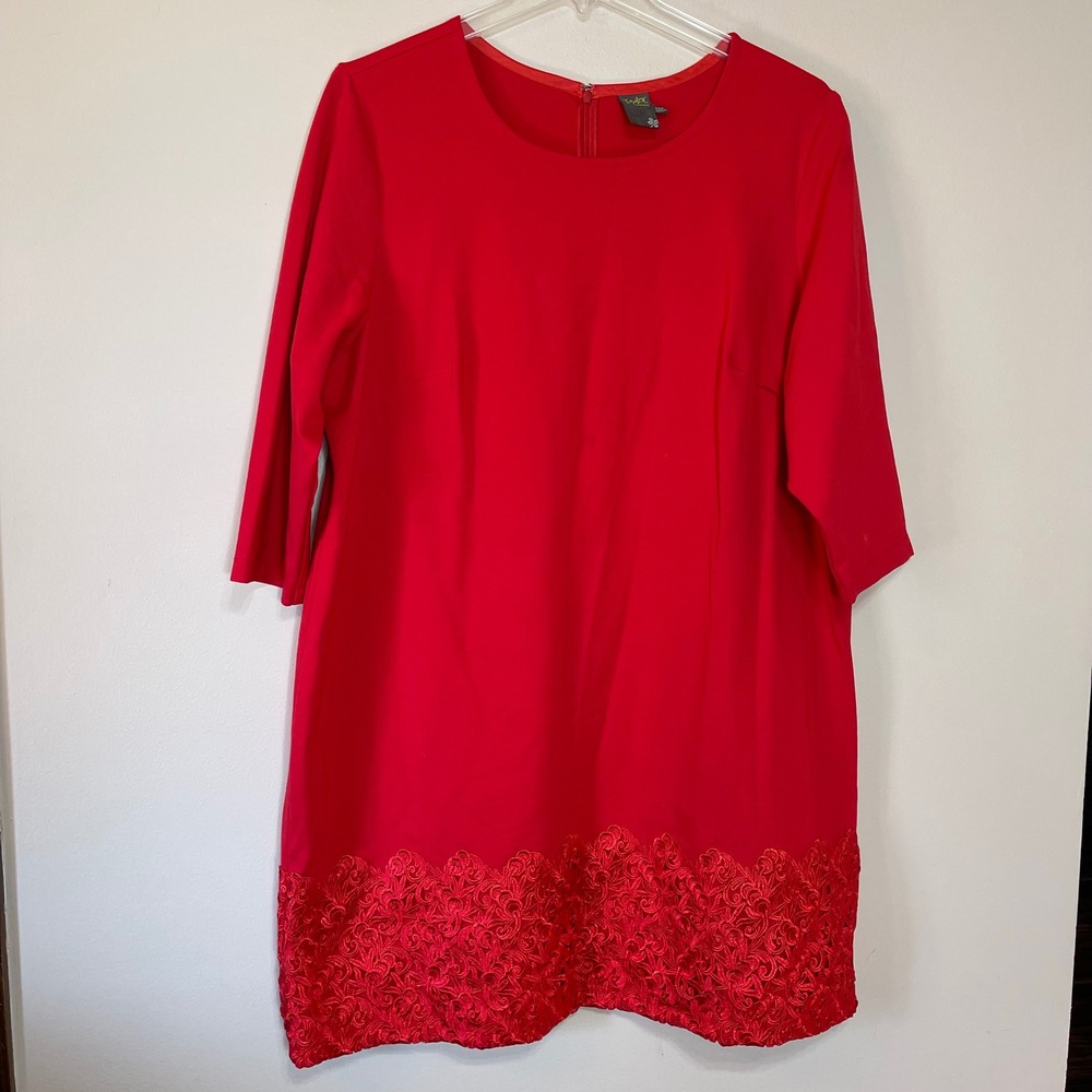 Taylor Woman Red Shift Dress 24W Plus Size 3/4 Sleeve Lace Hem‎ Ponte Knit